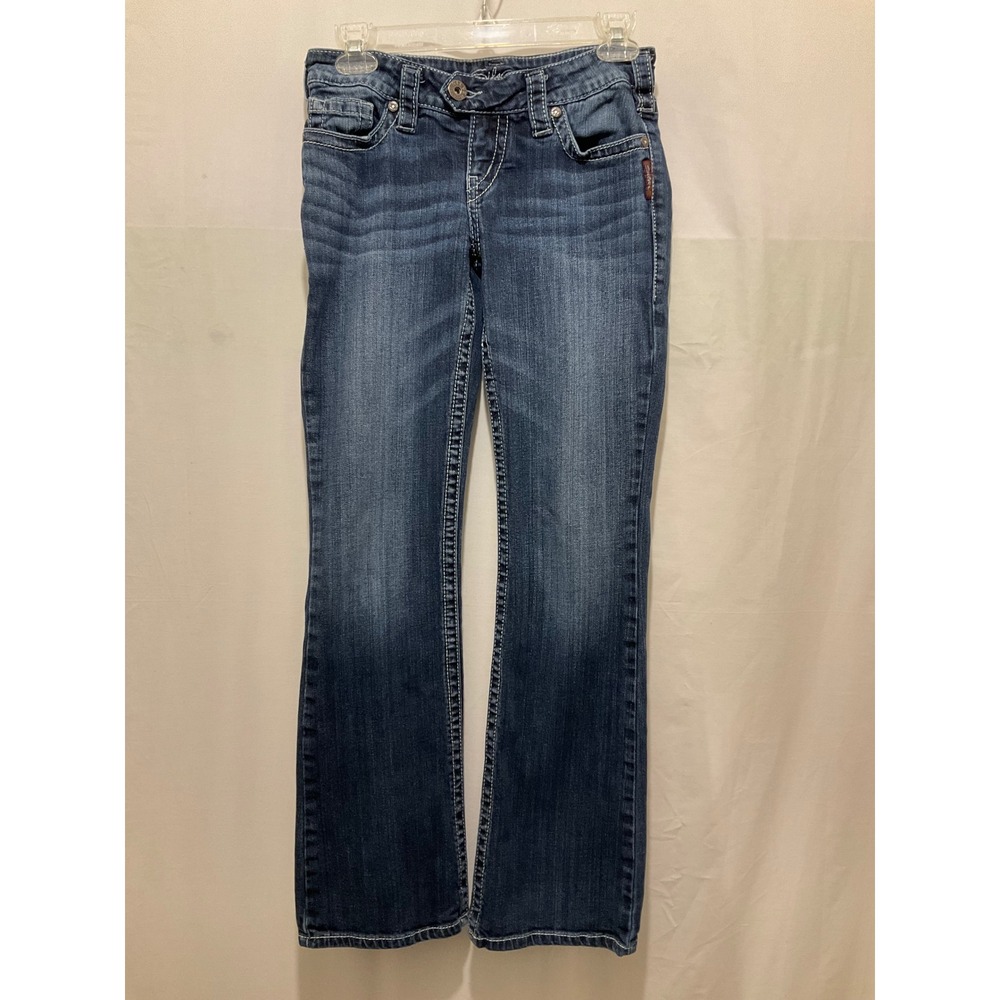 Silver Jeans Co Womens Dark Wash Bootcut Denim Contrast Stitch Embroidered Jeans